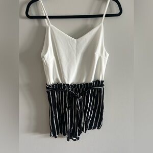 Women’s Spaghetti Strap White Tank and White and Black Striped Romper medium